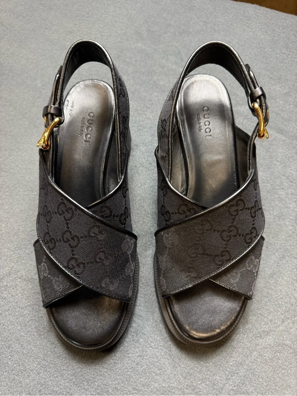Gucci Black Platform Chunky Sandals with Gold Buckle